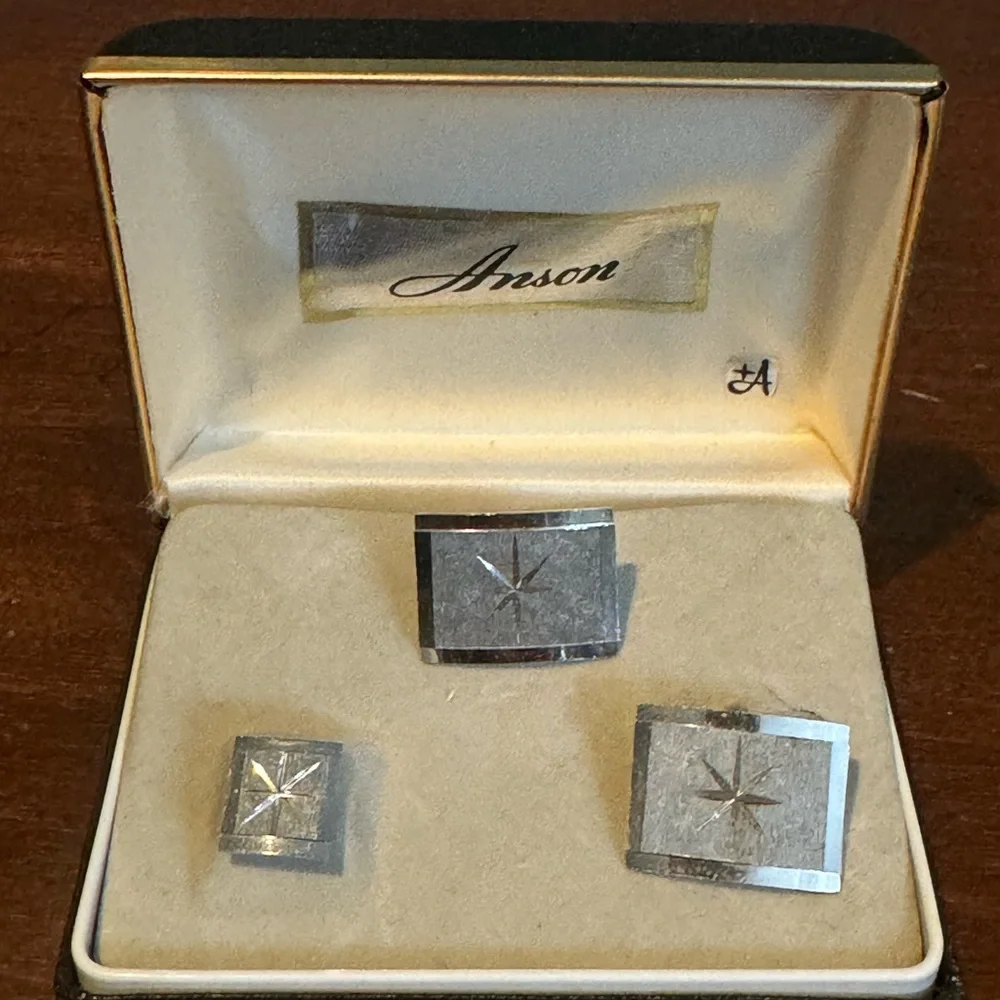 * Vintage Anson Silver Tone Star 🌟 Cufflinks and Tie Tack Set With Hard Case